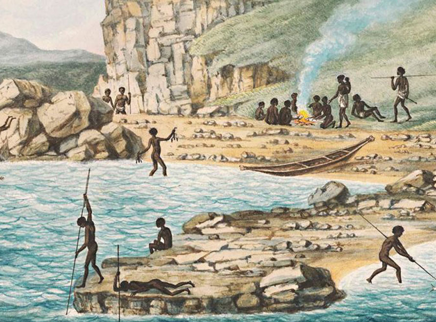 A painting of Aboriginal peoples fishing by colonial artist, Joseph Lycett