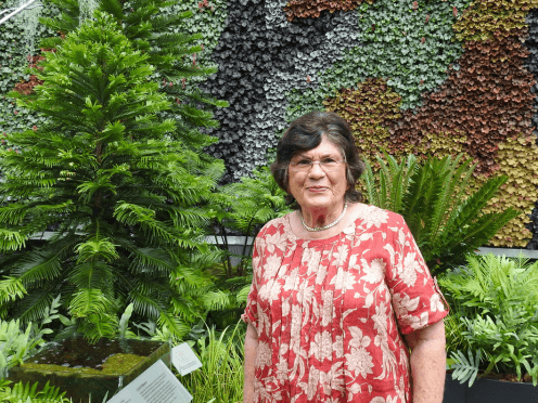 A woman standing in front of a plant 