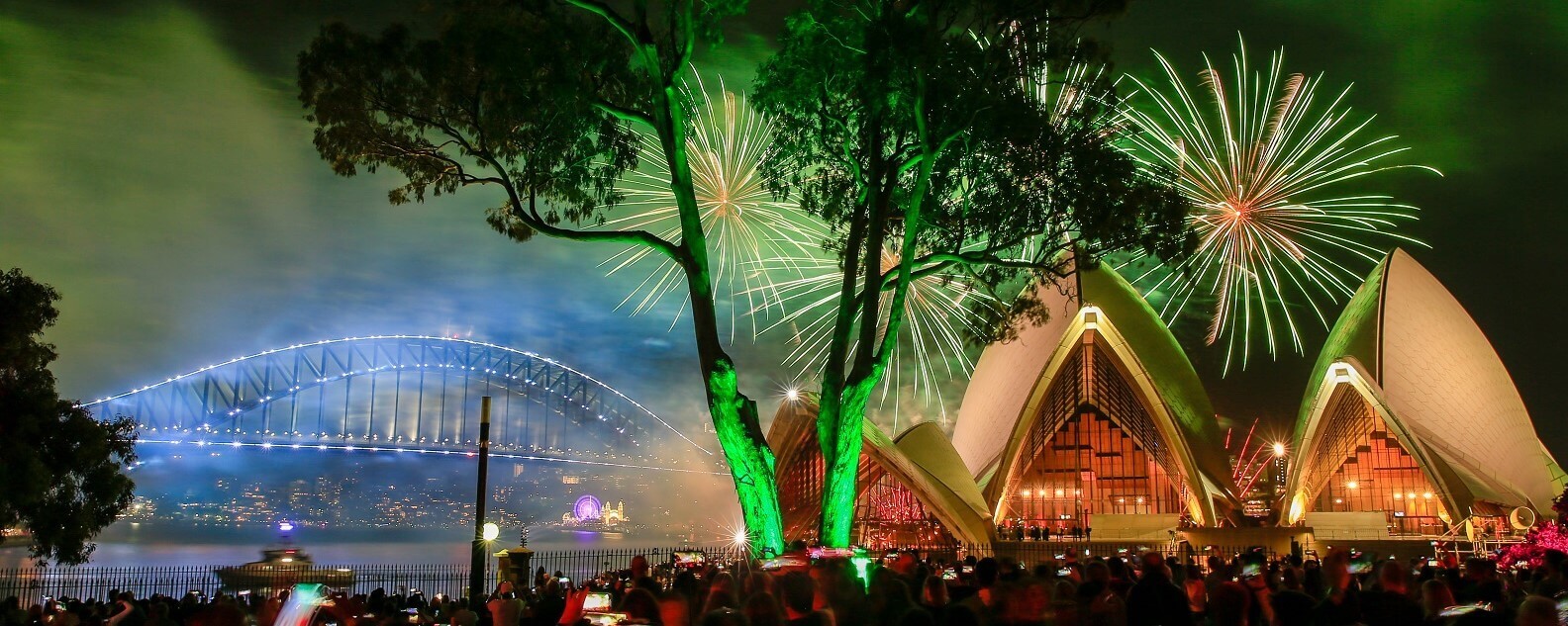fireworks over Sydney Harbour Bridge and opera house